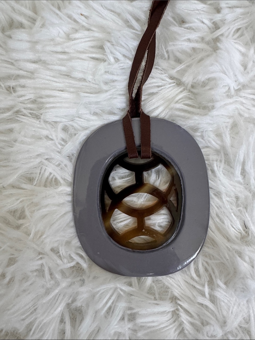 Hermes Vintage Leather Pendant Necklace with gray Ceramic Accent